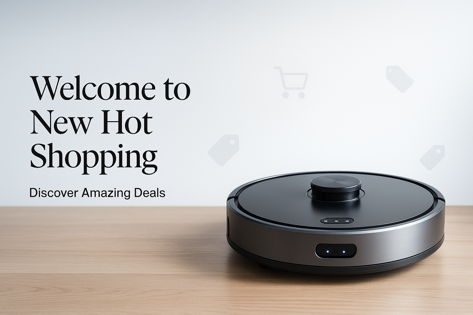 create an intro image for my home page, its a shopping ecomserce website. make sure to have som text and a picture of a item that is popular to purchase . for example a robot cleaner vacuum... 